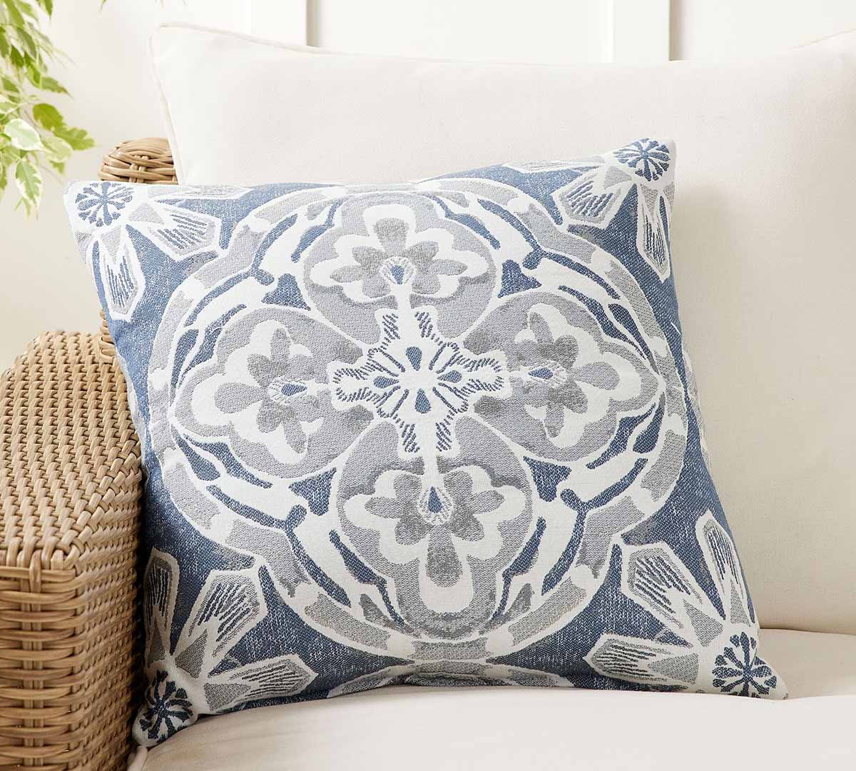 Pottery Barn Sunbrella® Watercolor Medallion Outdoor Pillow Saphire Blue best blue outdoor throw pillows