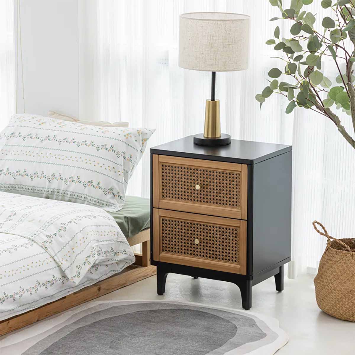 Bay Isle Aril 2-Drawer Woven Cane Front Accent Nightstand with Brass Knobs best cane nightstands 