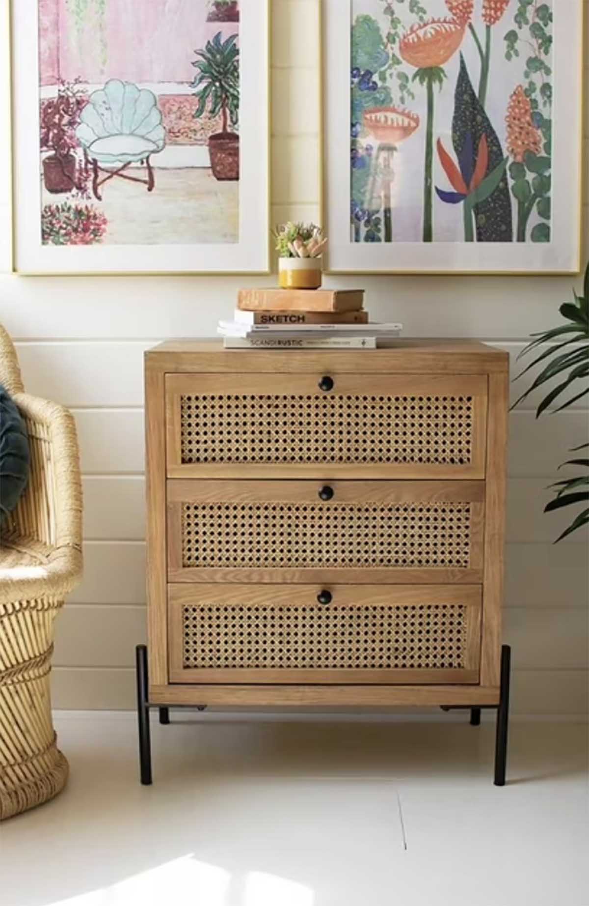 Kalalou Wood Bedside Table With Three Woven Cane Drawers best cane nightstands