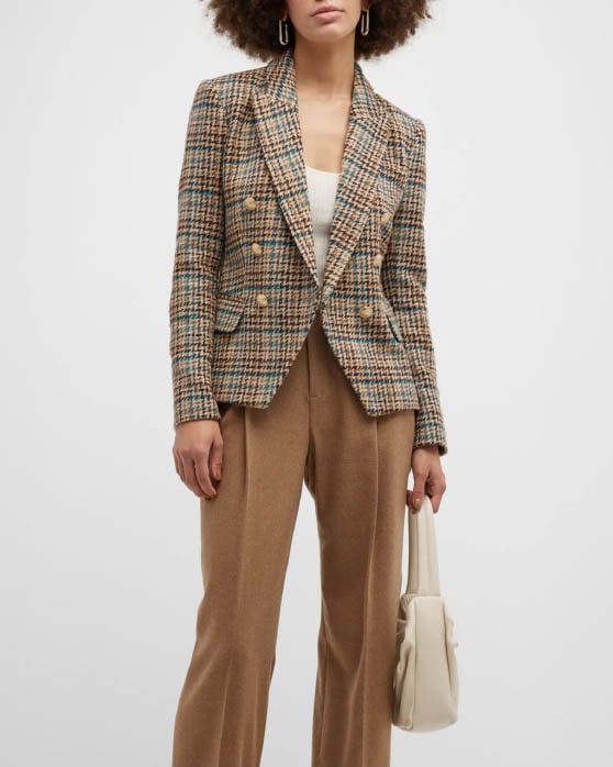 L'Agence Kenzie Houndstooth Double-Breasted Blazer Tan Teal Multi best houndstooth blazers 