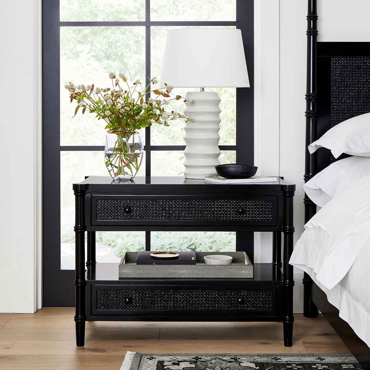 Williams-Sonoma Home Cane 2-Drawer Nightstand (36") Lacquered Ebony Stain Black best cane nightstands 