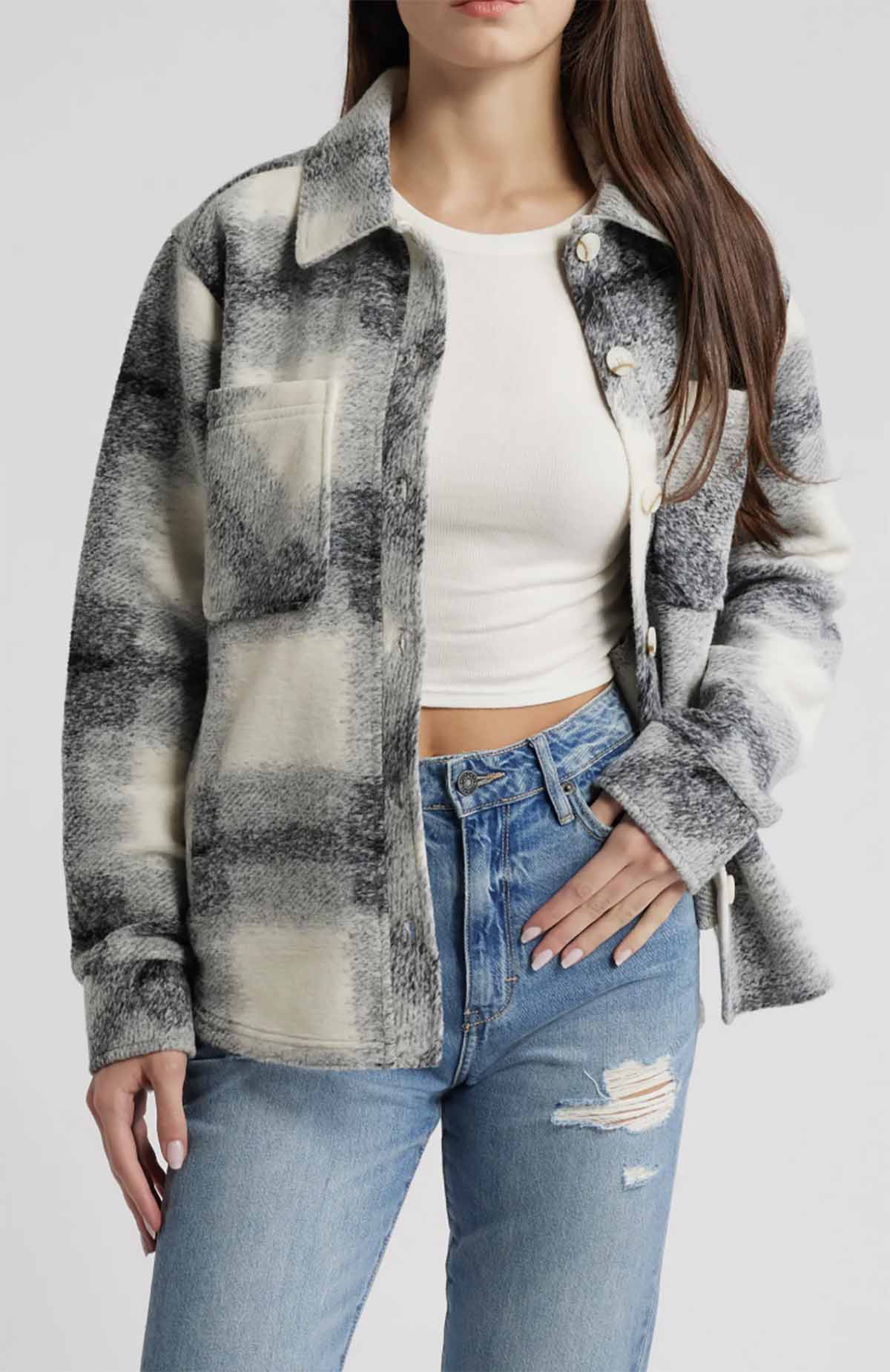 Thread & Supply Plaid Fleece Shacket Cream Black best fleece shackets