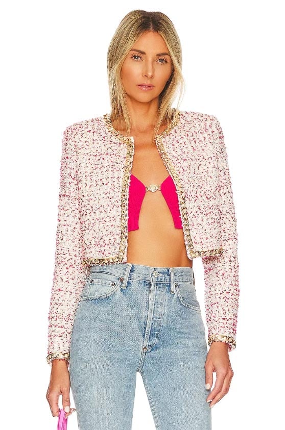 Alice + Olivia Kidman Cropped Jacket Off White Raspberry tweed jackets