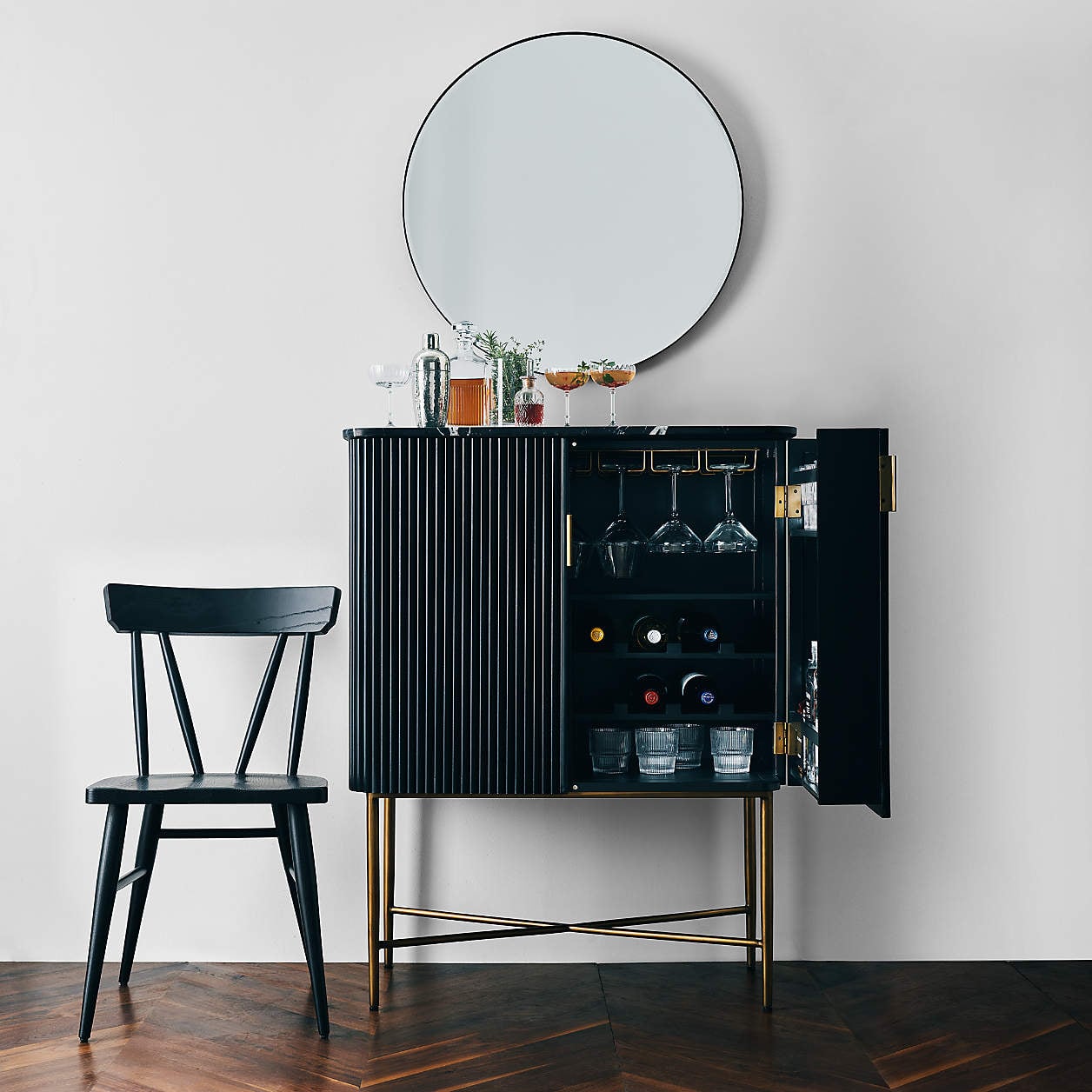 CrateandBarrel Fayette Black Nero Marquina Fluted Bar Cabinet best modern bar cabinets