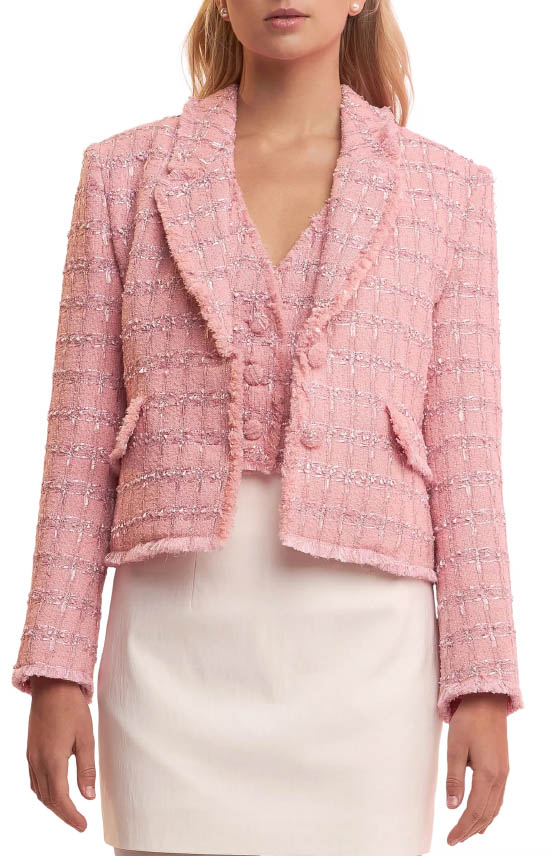 English Factory Tweed Fringe Blazer Pink best tweed jackets