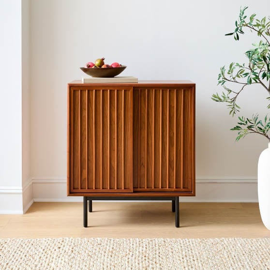 West Elm Slatted Bar Cabinet Walnut Wood best midcentury modern bar cabinets