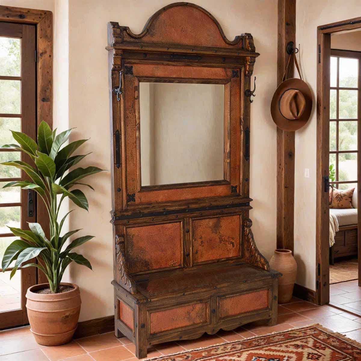Foundry Select Frontier Copper Rustic Entryway Bench with Mirror rustic hall trees best