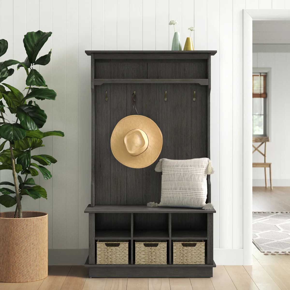 Ophelia & Co. Bridget Hall Tree with Open Storage Weathered Gray best rustic hall trees