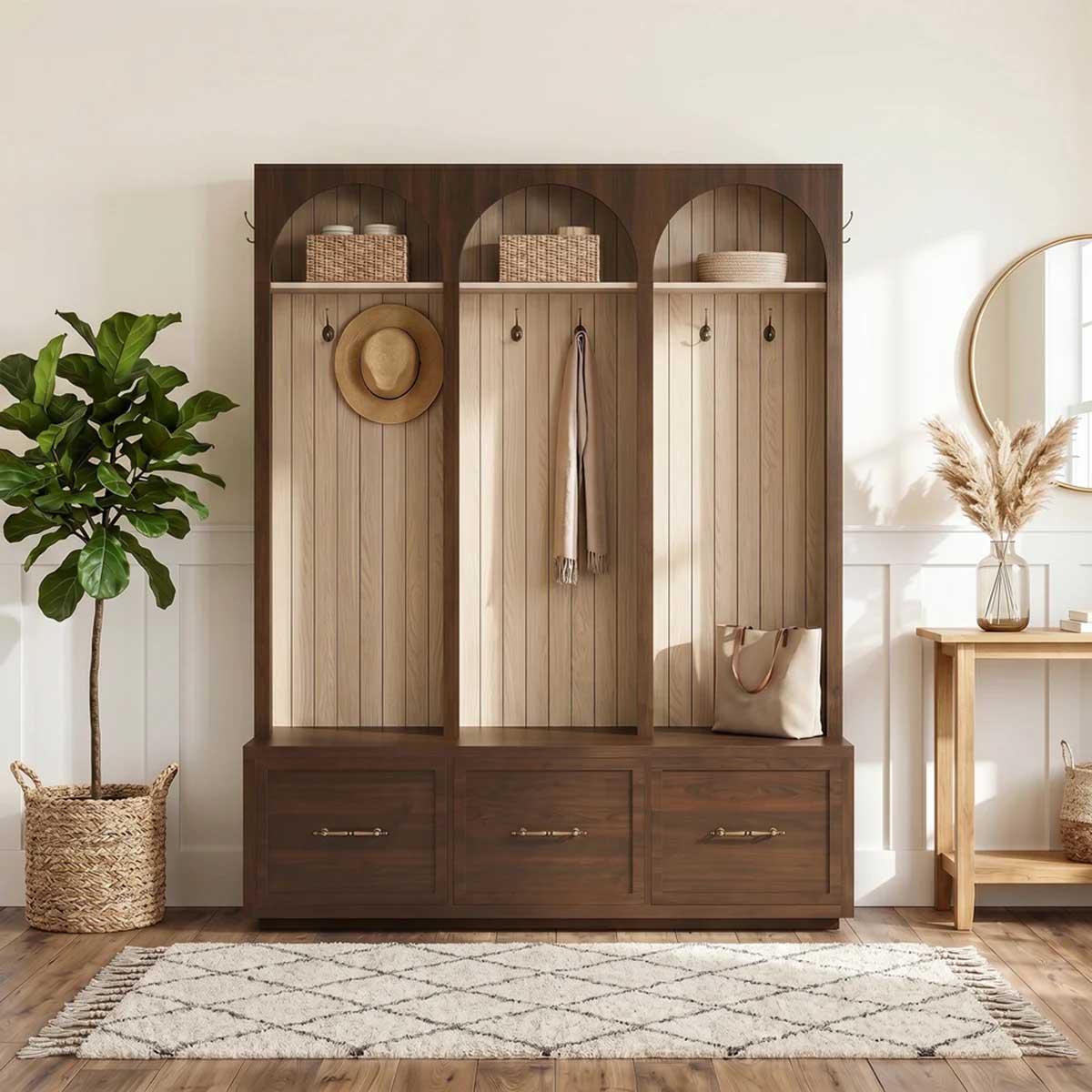 Rosalind Wheeler Farmhouse Wooden Style Dark Walnut Hall Tree best rustic hall trees
