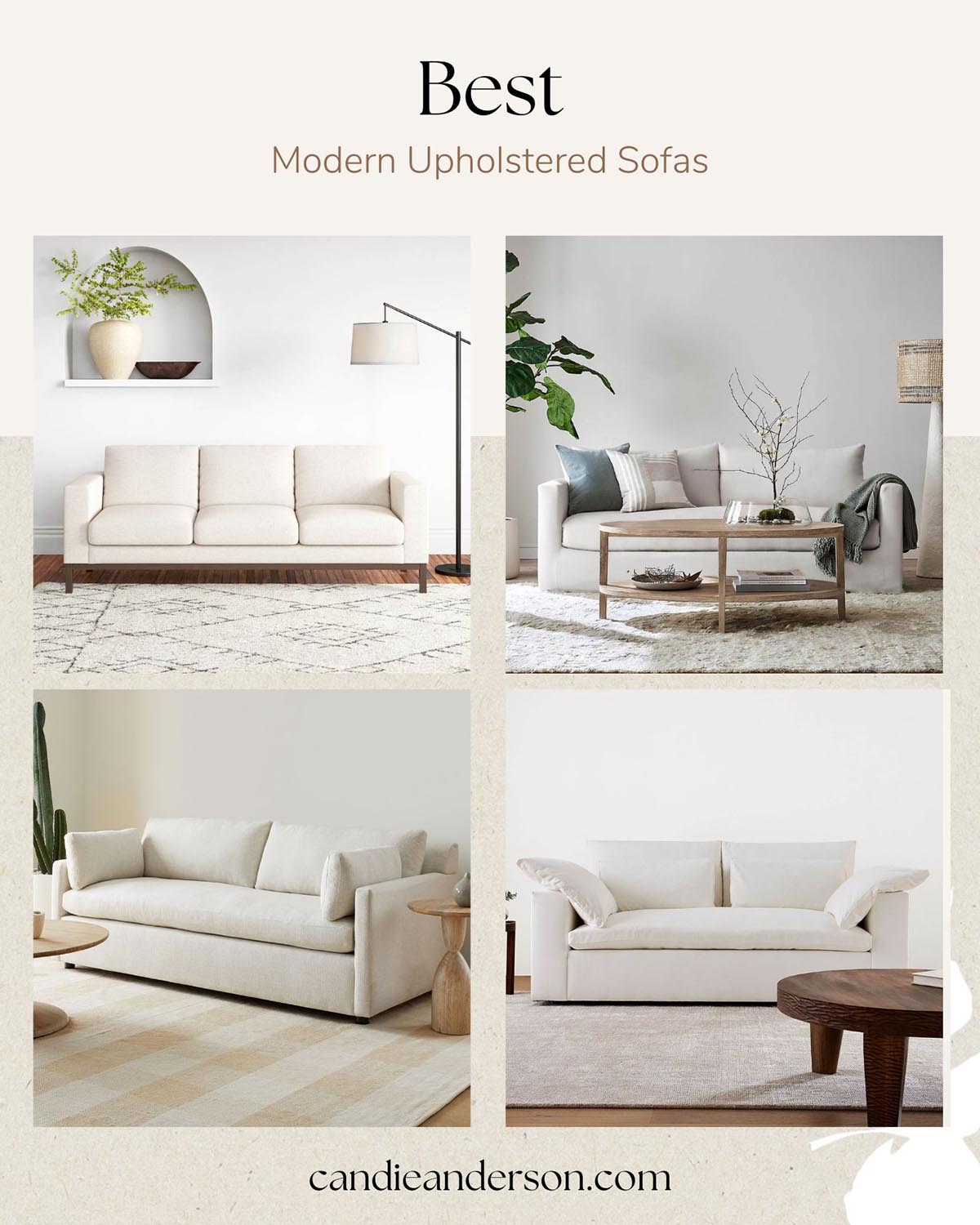 Lifestyle expert, journalist and interior design blogger Candie Anderson of candieanderson.com has the scoop on the best modern upholstered sofas in the top interior design styles and trends.