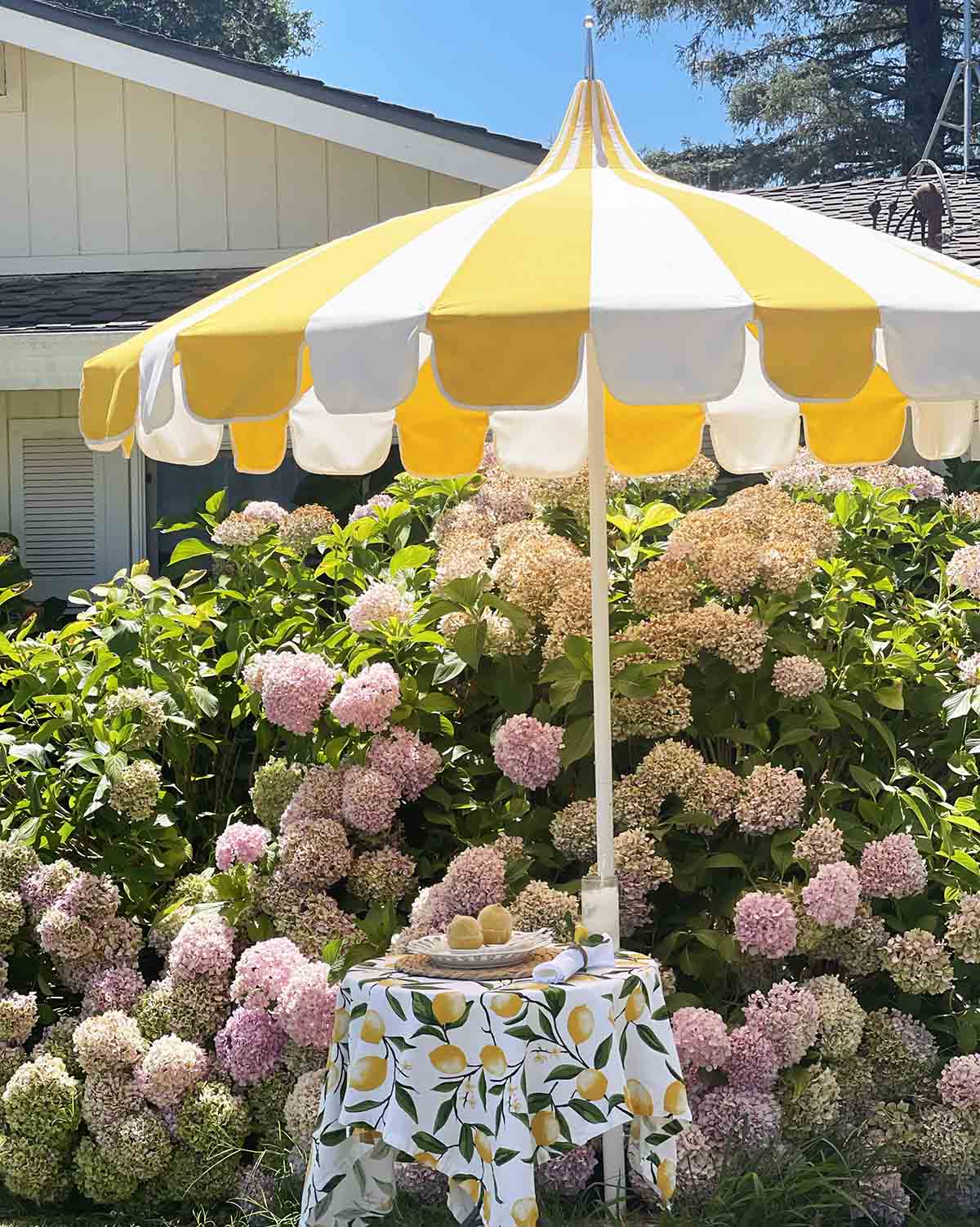 California Umbrella pagoda umbrella in yellow and white stripes
