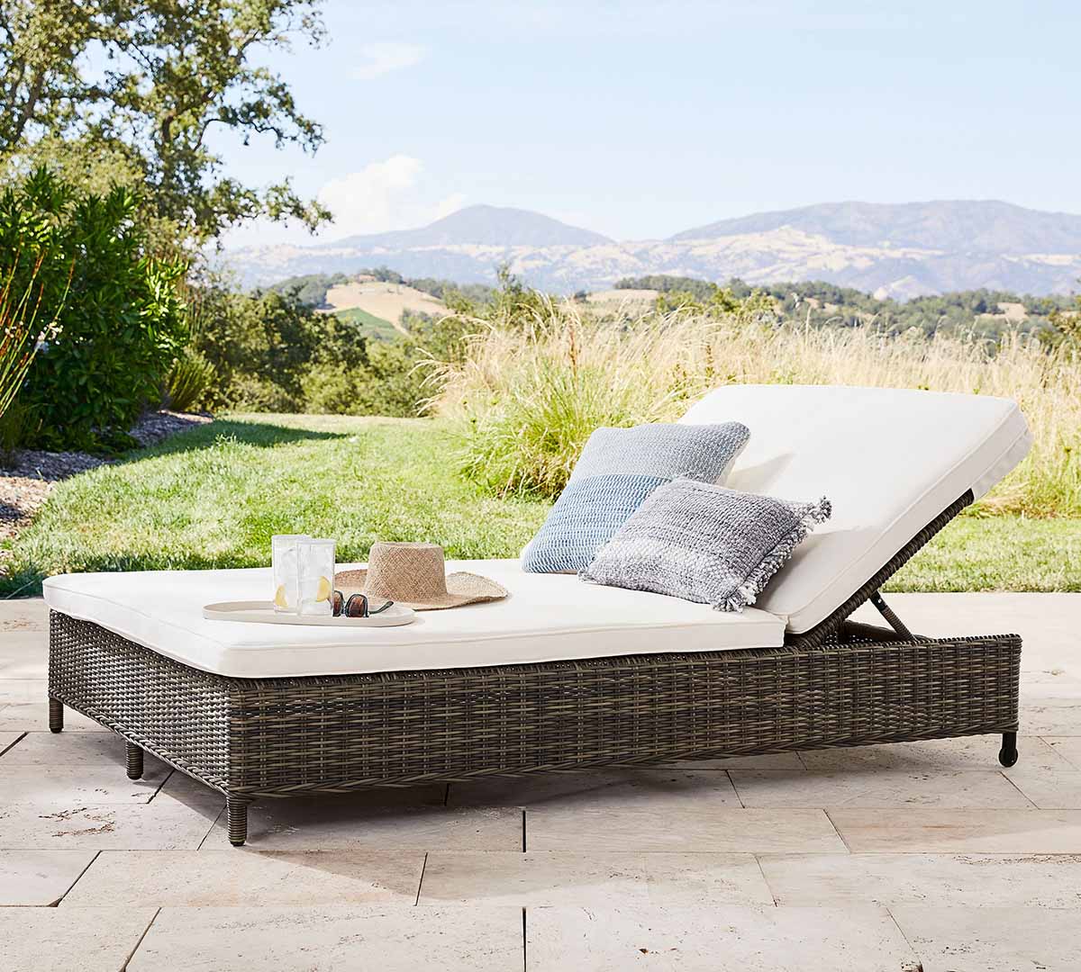 Pottery Barn Torrey Wicker Outdoor Double Chaise Lounge best wicker chaise lounge chairs