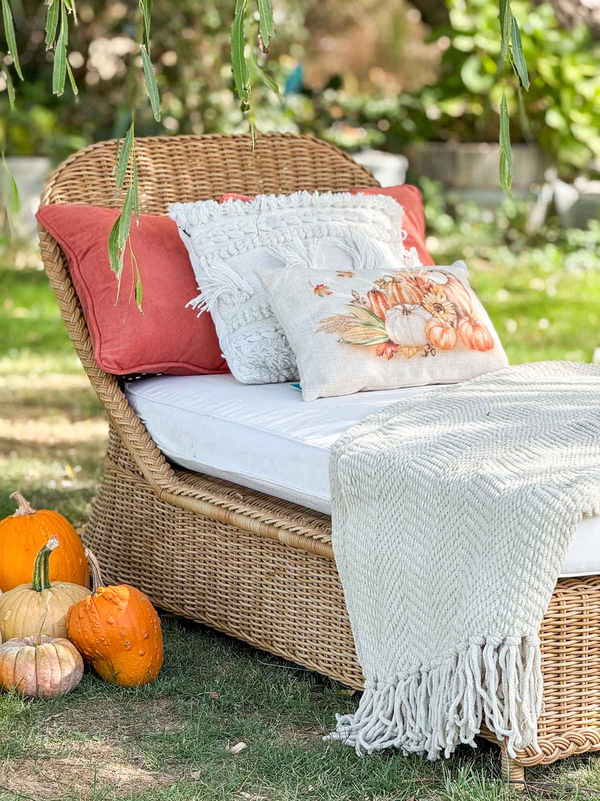 Lifestyle expert, journalist and interior design blogger Candie Anderson shares how she decorated her Pottery Barn Westport Wicker Chaise Lounge Chair for fall with seasonal throw pillows and a knit throw blanket.