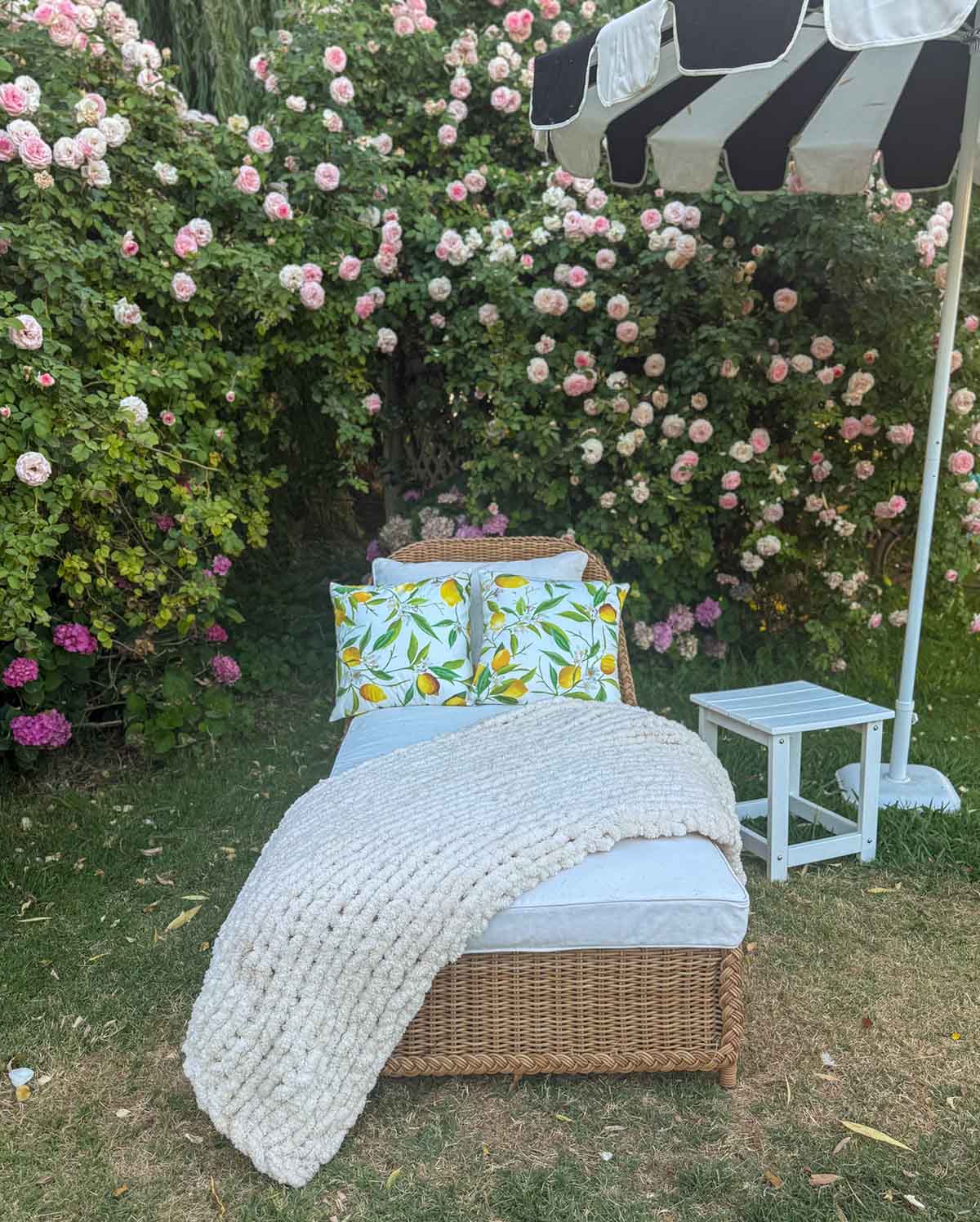 Candie Anderson's chaise lounge chair adorned with lemon throw pillows.