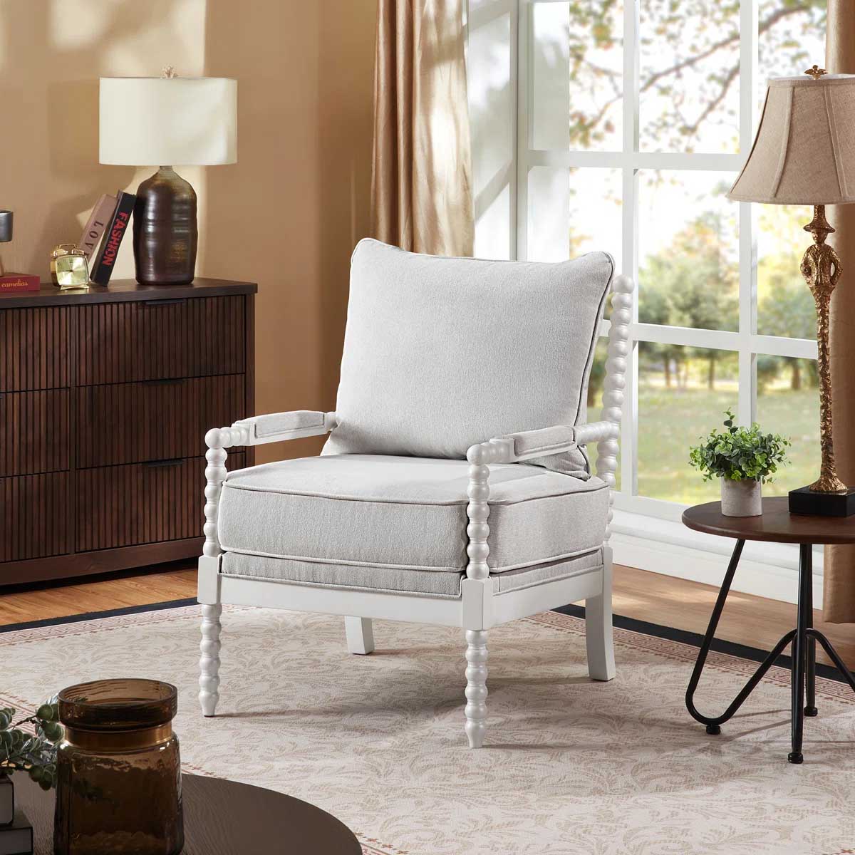 Bungalow Rose Mid-Century Farmhouse Spindle Accent Chair with Solid Wood Arm Limewhite Polyester best spindle accent chairs