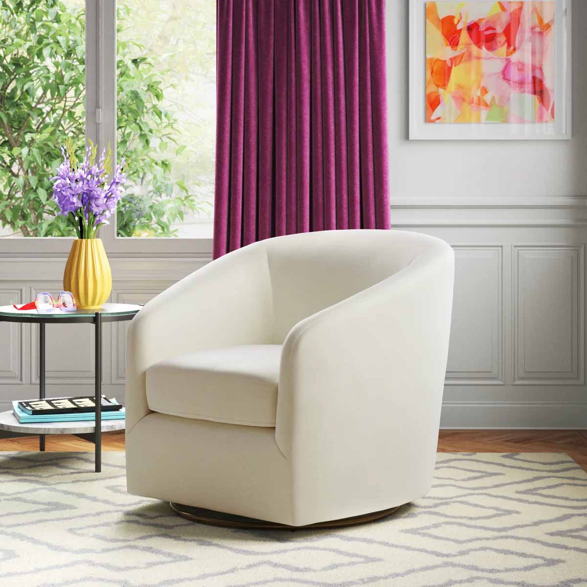 Etta Avenue Holden Velvet Swivel Accent Chair Ivory Velvet barrel accent chairs best