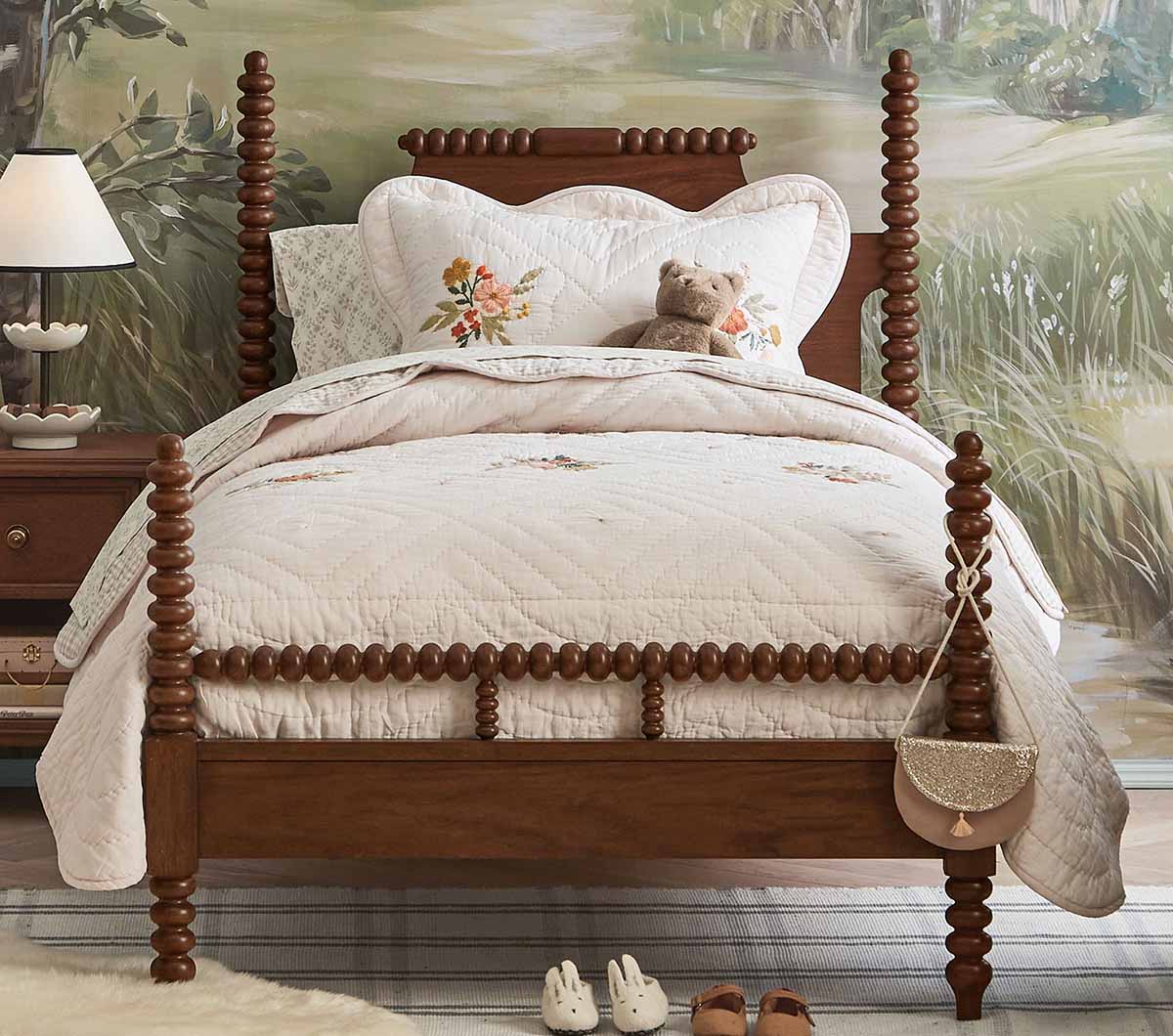 Pottery Barn Kids Chris Loves Julia Turned Wood Bed Heritage Walnut best spindle beds