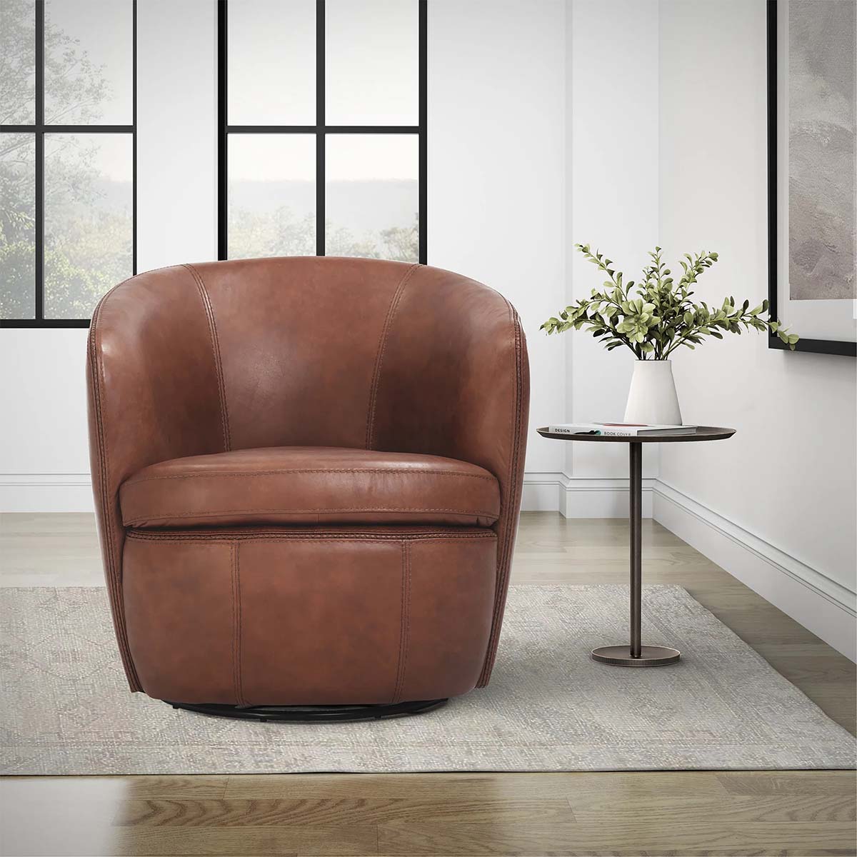 Wade Logan Azurdee Top Grain 100% Genuine Italian Leather Swivel Barrel Chair best barrel accent chairs