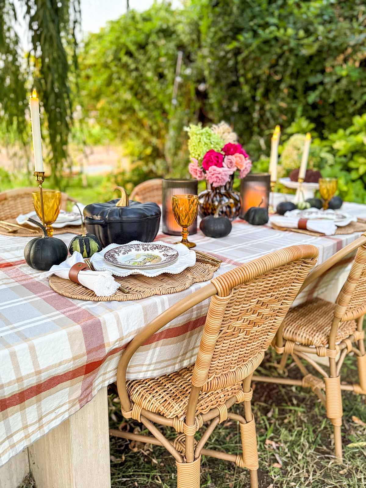 Elegant outdoor fall tablescape created by entertaining expert, Candie Anderson of candieanderson.com