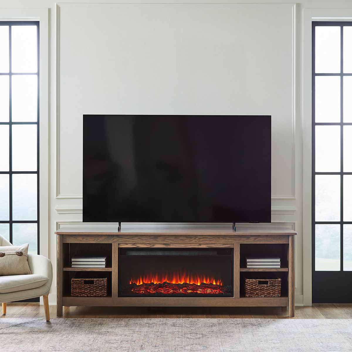Pottery Barn Marcell Landscape Electric Fireplace (81") Antique Oak best electric fireplace tv stands