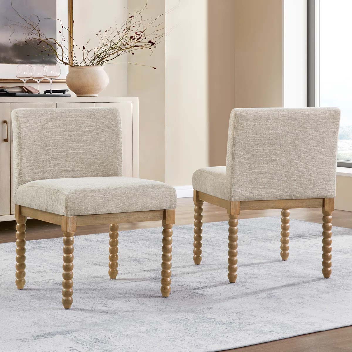 Alcott Hill Upholstered Low Back Rubber Wood Bobbin Legs Dining Chair (Set of 2) Walnut Cream best spindle bobbin dining chairs