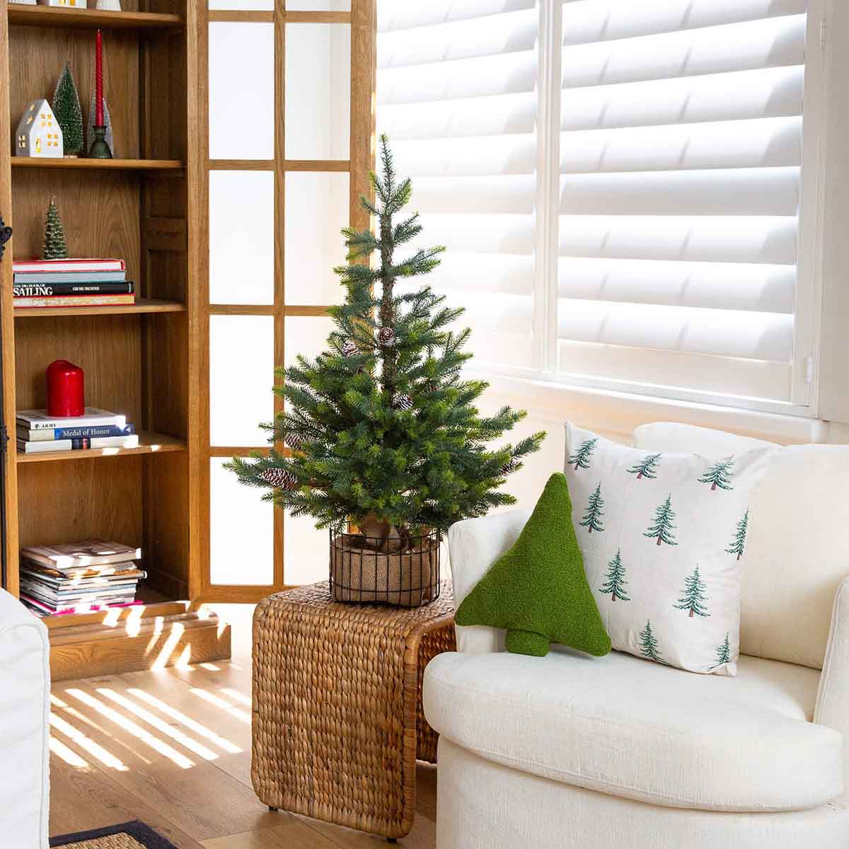 West Elm Faux Balsam Fir Tree w: Woven Jute Planter (3') living room balsam fir christmas trees
