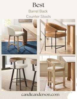 Entertaining expert, journalist and interior design blogger Candie Anderson of candieanderson.com has the scoop on the 20 best barrel back counter stools and curved back counter stools for your kitchen island.