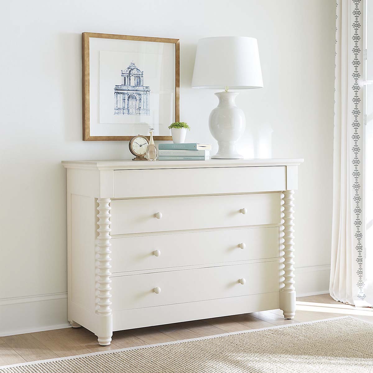 Ballard Designs Savoy 3-Drawer Chest Worn White spindle dressers best