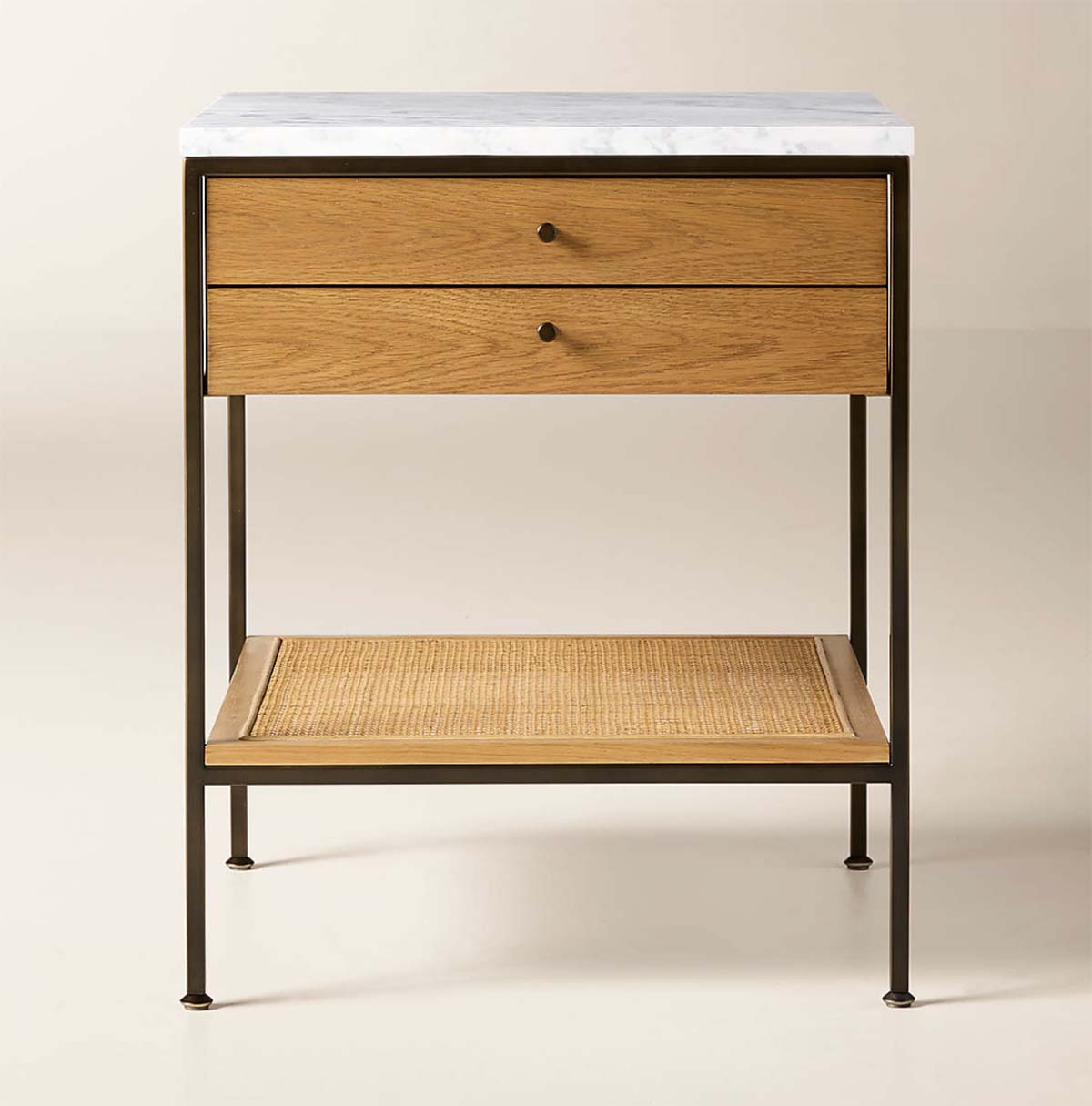 CB2 Connoisseur 20" Black Oak Wood 2-Drawer Nightstand with Marble Top by Paul McCobb Light Oak best marble nightstands