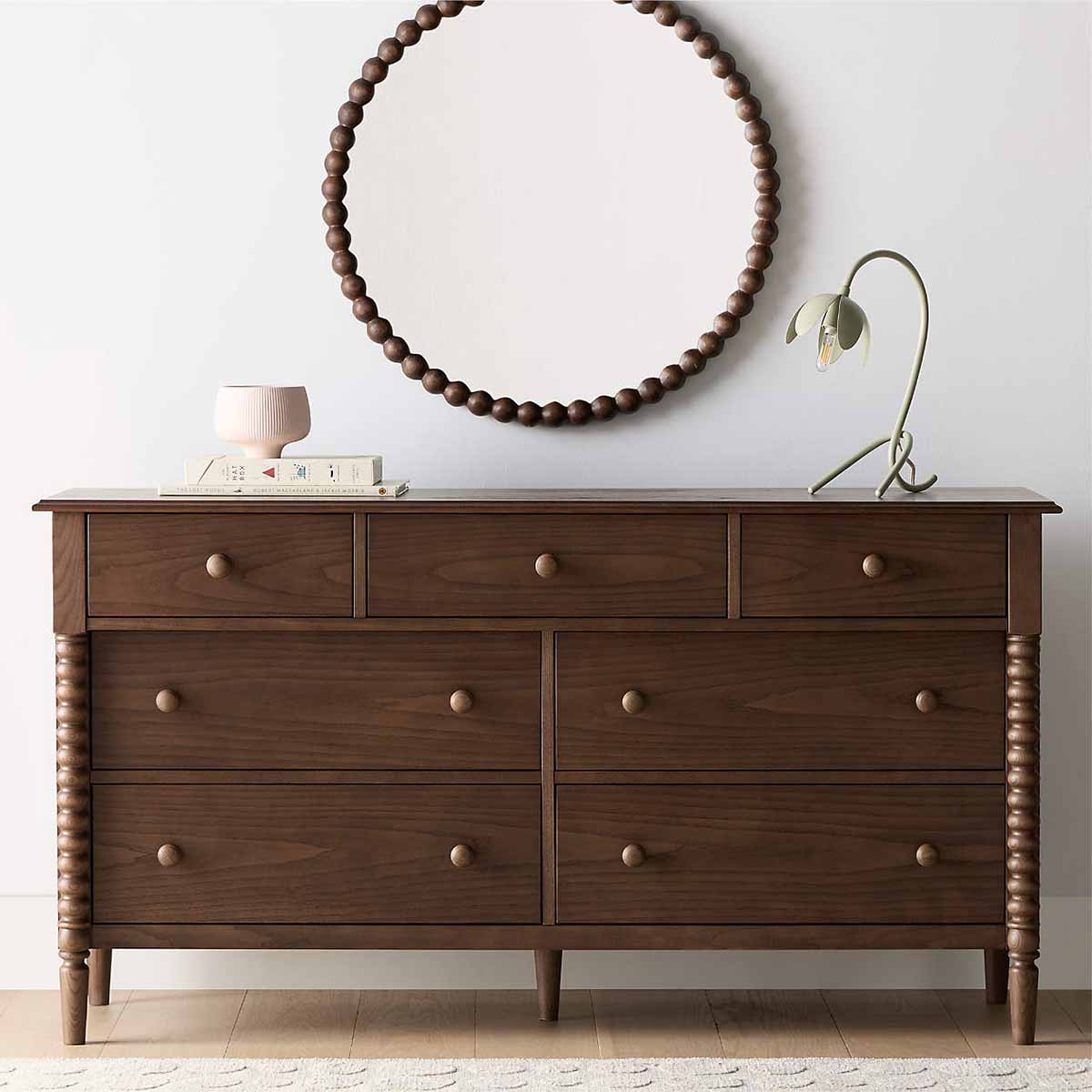 Crate and Barrel Jenny Lind 62" Deep Brown Wood Extra Wide 7-Drawer Kids Dresser spindle dressers best