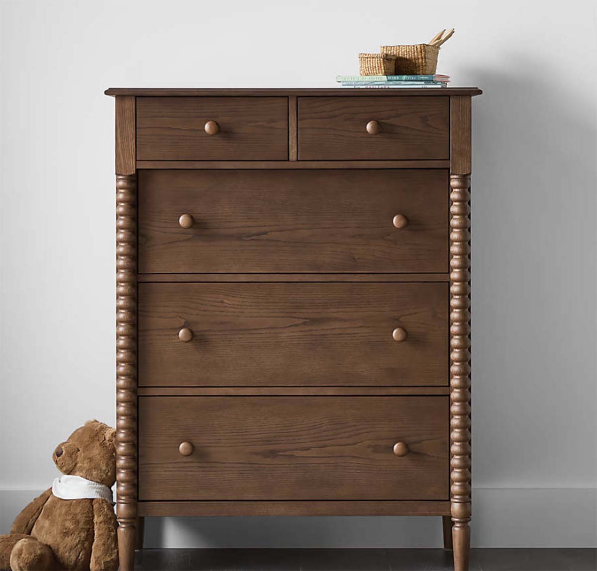 Crate and Kids Jenny Lind Deep Brown Wood Tall 5-Drawer Kids Dresser spindle dressers best