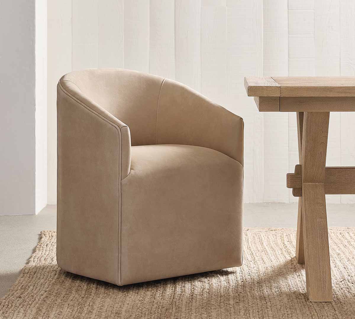 Pottery Barn Baldwin Leather Barrel Back Dining Chair Solor Nubuck Sand barrel dining chairs best