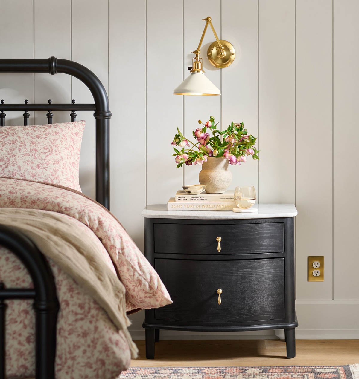 Rejuvenation Armstead Nightstand Black White Carrara Marble Top Hans Drop Tassel Pull Aged Brass best marble nightstands