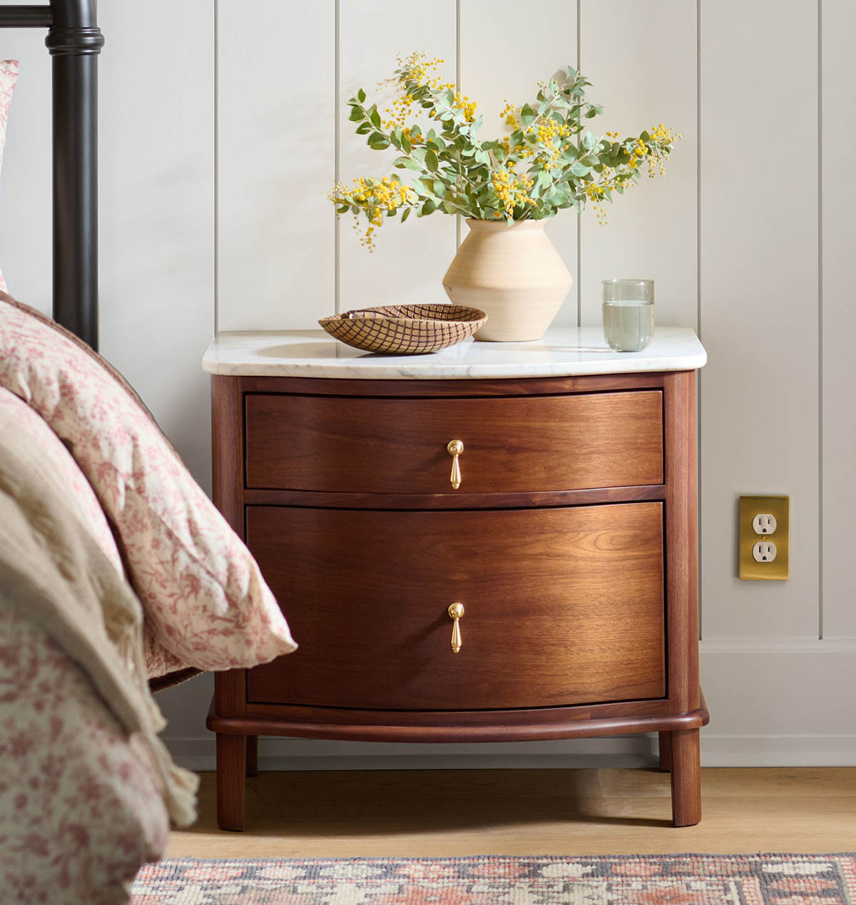 Rejuvenation Armstead Nightstand Walnut White Carrara Marble Top Hans Drop Tassel Pull Aged Brass best marble nightstands