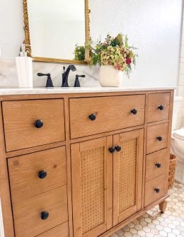 Lifestyle expert, journalist and blogger Candie Anderson of candieanderson.com shares how she organized her beautiful Birch Lane Berkely bathroom vanity, and offers tips on you can organize the vanity in your primary and/or guest bathroom easily and efficiently.