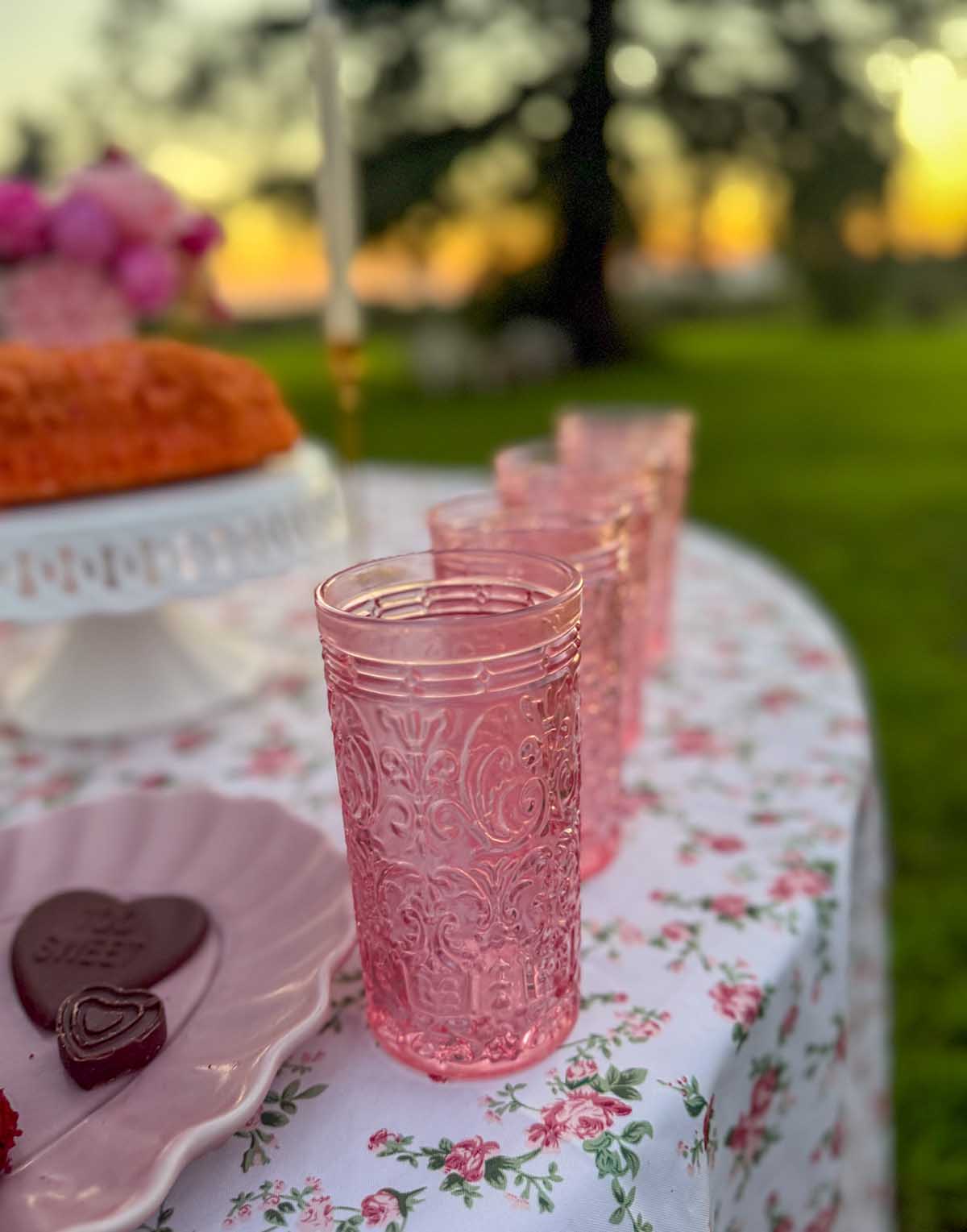 Entertaining expert, journalist and lifestyle blogger Candie Anderson of candieanderson.com shares her beautiful pink hobnail glasses on her Valentine's Day dessert table.