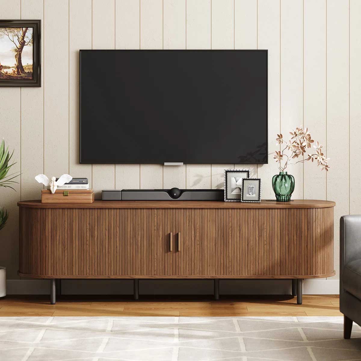 Latitude Run Reeded TV Stand Walnut reeded media consoles