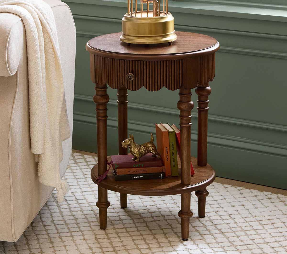 Pottery Barn Kids Chris Loves Julia Turned Wood Side Table Heritage Walnut best spindle side tables