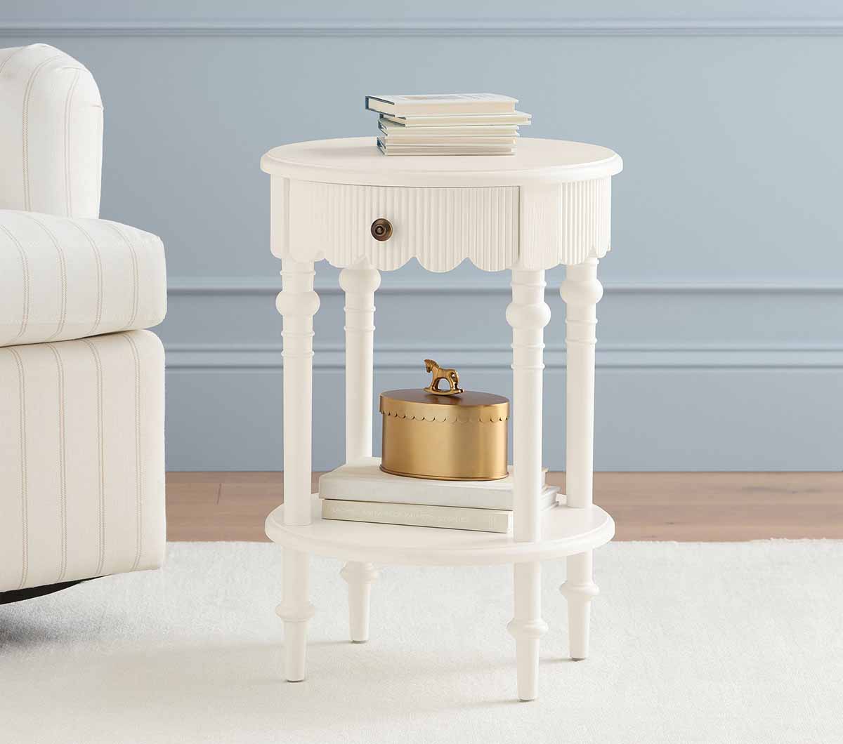 Pottery Barn Kids Chris Loves Julia Turned Wood Side Table Heritage White best spindle side tables