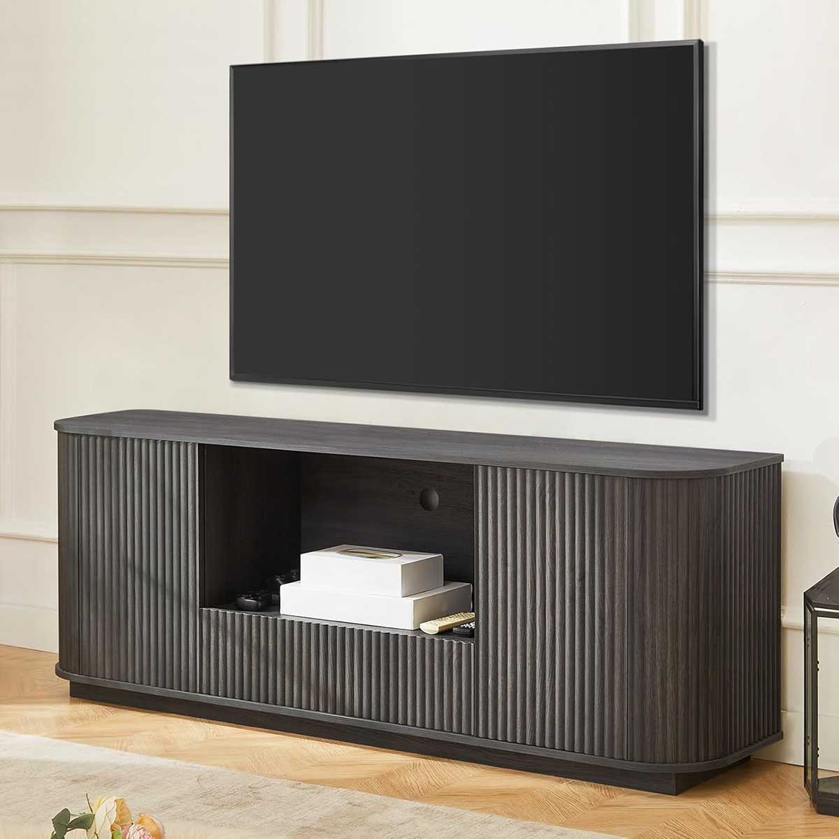 UZUGUL Mid-Century Reeded Media Console Charcoal Grey 1 Drawer reeded media consoles best