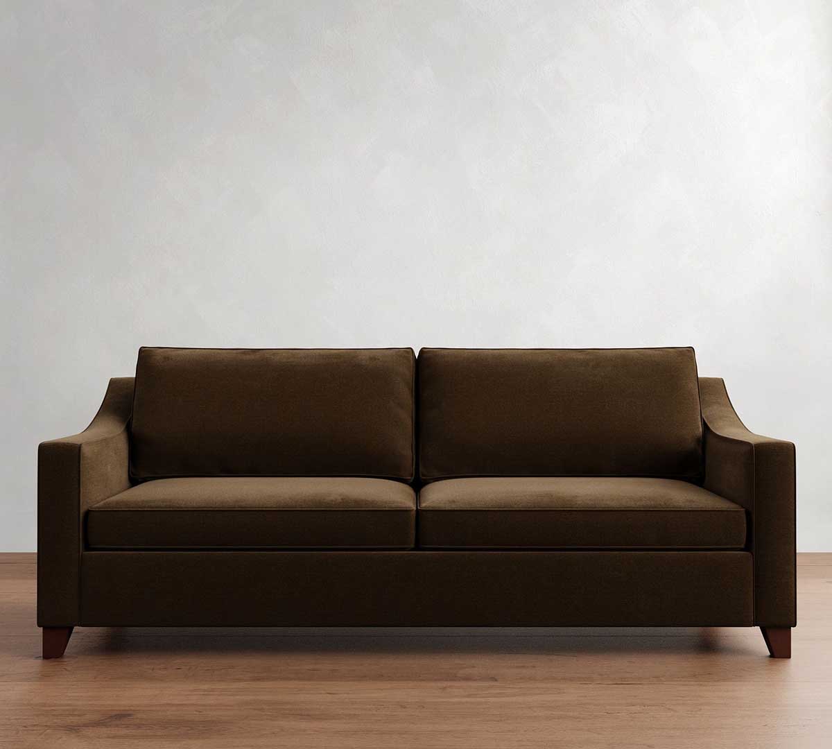 Pottery Barn Cameron Slope Arm Sofa Espresso Faux Mohair Velvet brown velvet sofas