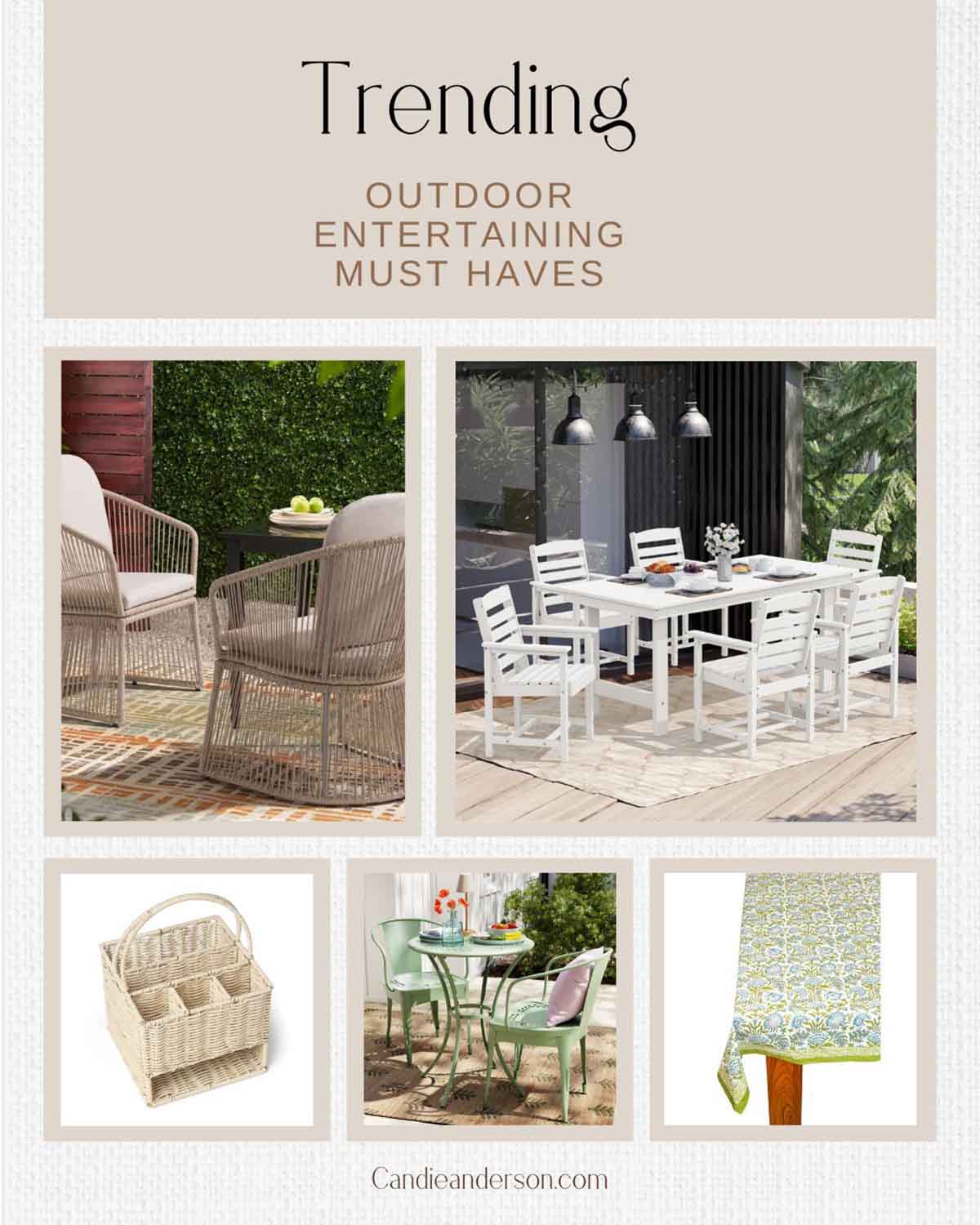 Entertaining expert, journalist and lifestyle blogger Candie Anderson of candieanderson.com has the scoop on the top trending outdoor entertaining essentials from Wayfair.