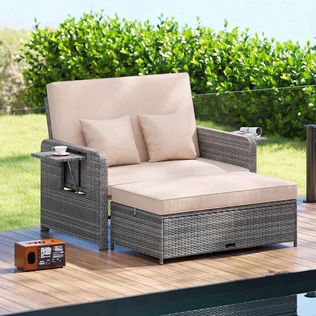 Latitude Run Wicker Patio Daybed with Ottoman and Tray patio best wicker outdoor daybeds