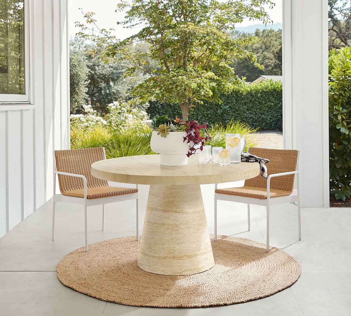 Pottery Barn Pomona Faux Travertine Round Outdoor Dining Table (52") round outdoor dining tables best