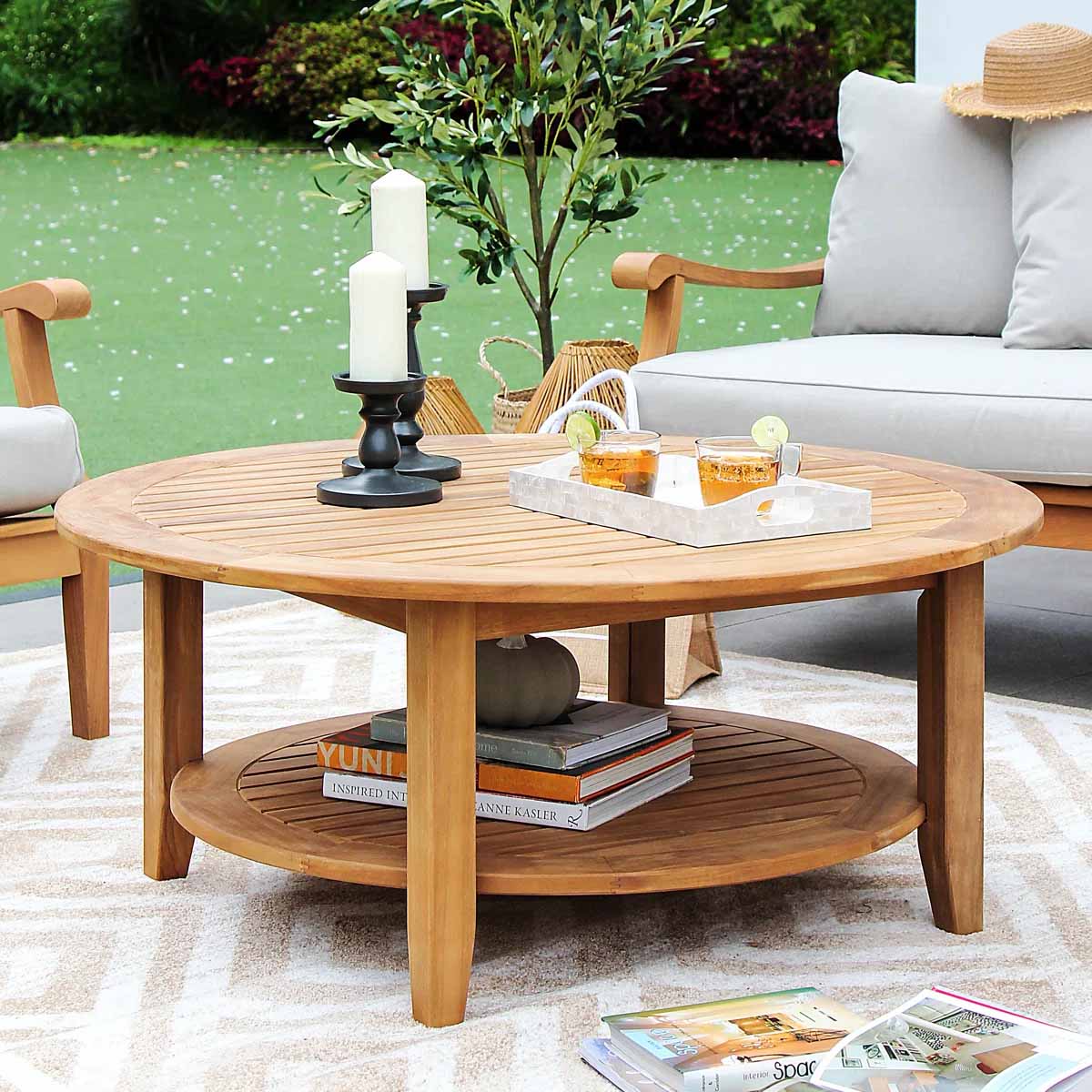 Alcott Hill Round Teak Outdoor Coffee Table best outdoor teak coffee tables