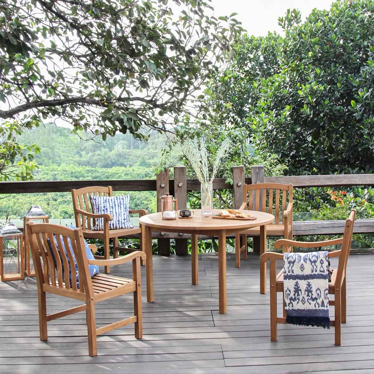 Birch Lane Summerton Teak Wood Premium All-Weather Wicker Outdoor Dining Armchair with Cushion best teak outdoor dining chairs