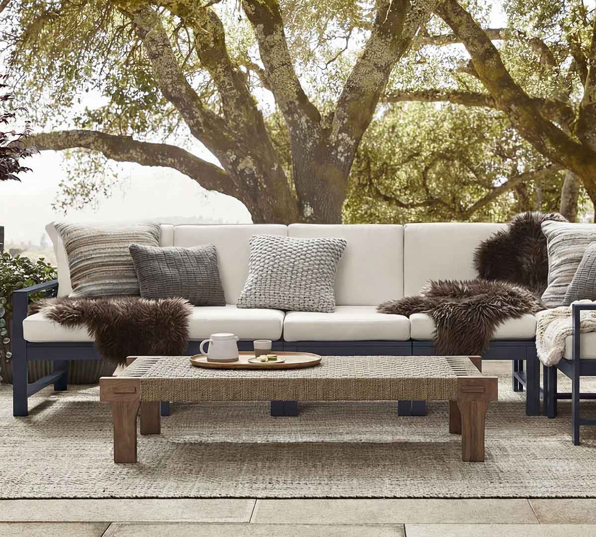 Pottery Barn Mercy Teak Rectangular Outdoor Coffee Table (77") outdoor teak coffee tables best