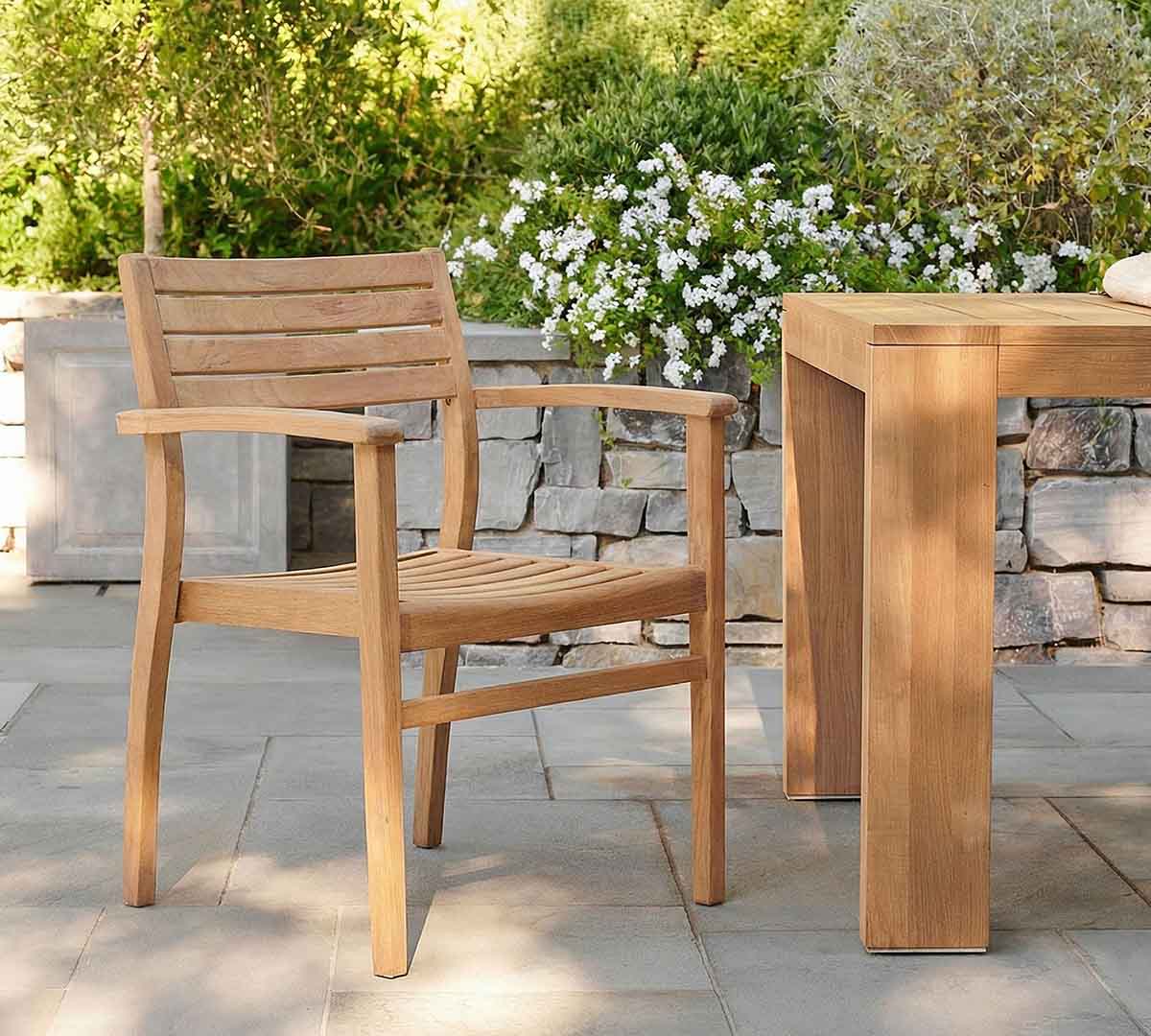Pottery Barn Monza Stacking Teak Outdoor Armchairs, Set of 2 best teak outdoor dining chairs