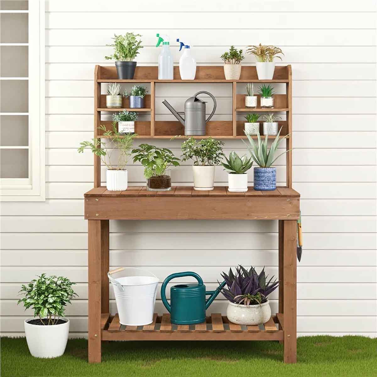 Arlmont & Co. Kubilay Fir Potting Bench with Display Rack best