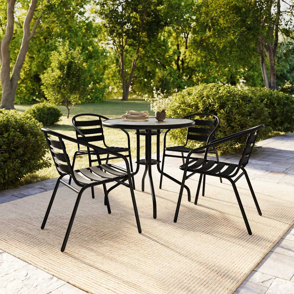 Ivy Bronx Chrisoula Modern Aluminum Stacking Patio Chair Black best metal outdoor dining chairs